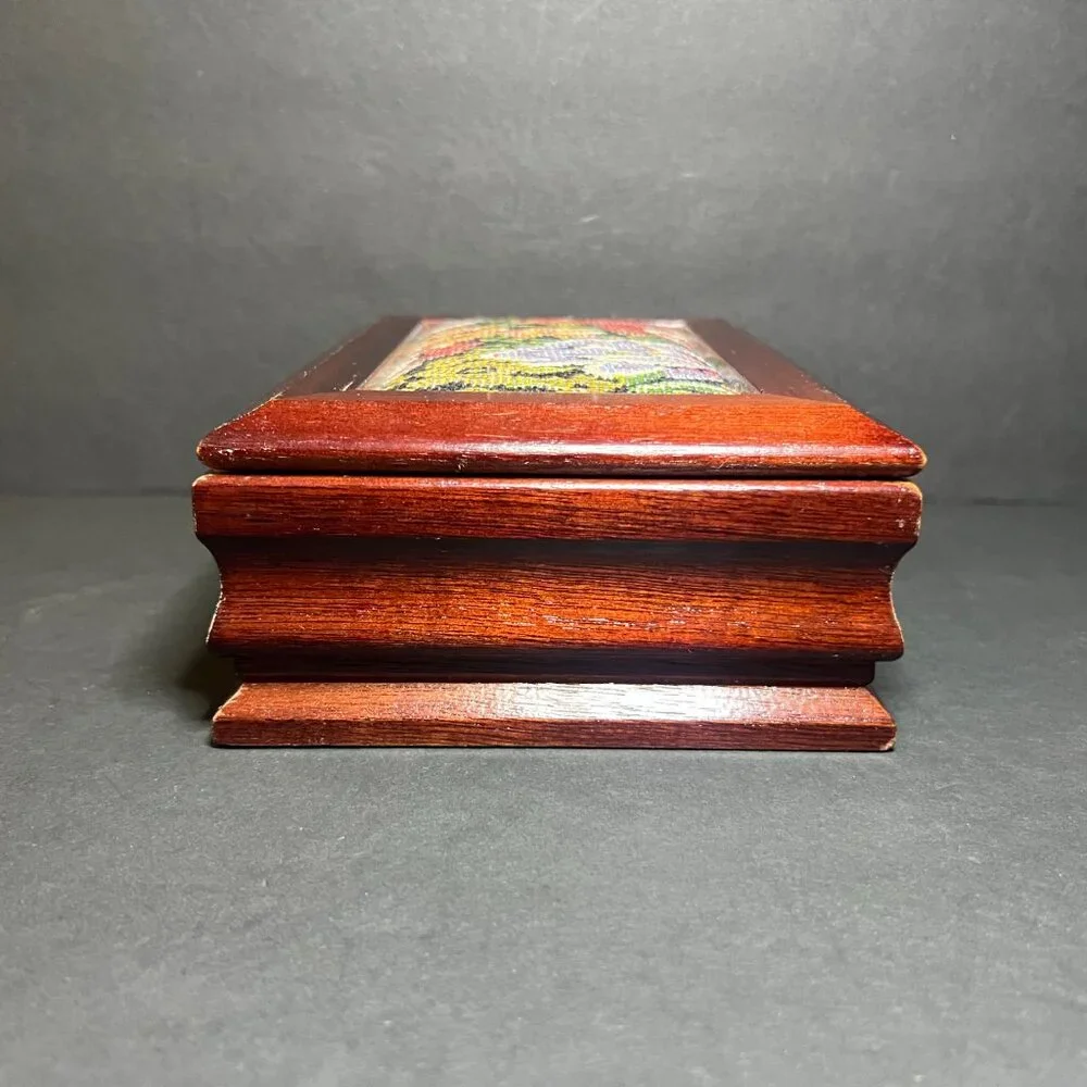 Vintage Floral Tapestry Inlay Wooden Hinged Lid Pink Velvet Lined Jewelry Box